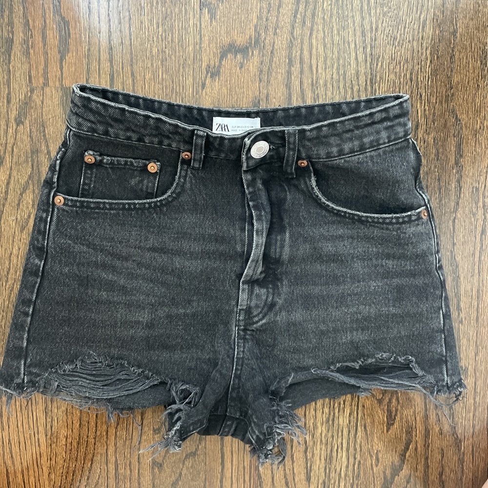 Zara washed out black distressed denim shorts